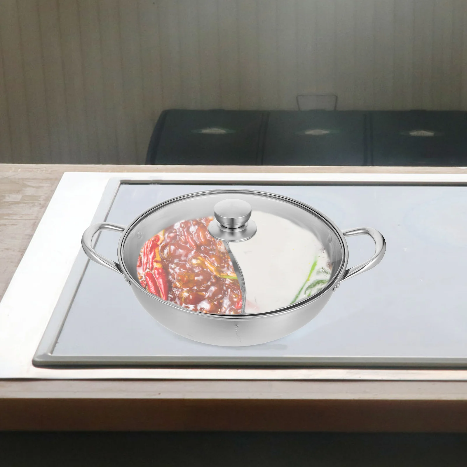 

1Set Two-Compartment Stainless Steel Hot Pot Double Flavor Soup Pot Household Kitchenware Sturdy Rust-Proof Easy to Clean