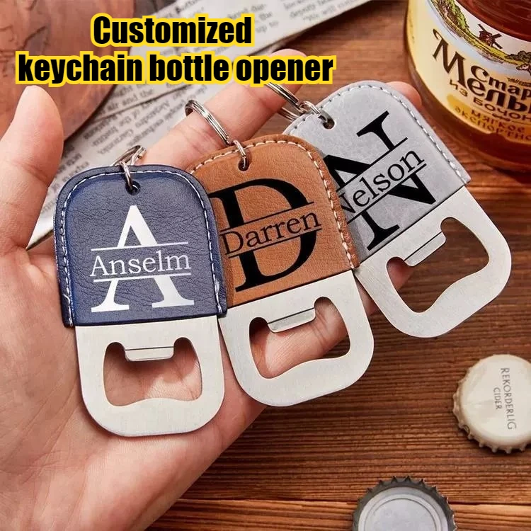 

1PC Custom Text/LOGO Beer Pu Leather Opener Convenient Outdoor Bag Car KeyChain Personalize Stainless Steel Vintage Keyring Gift