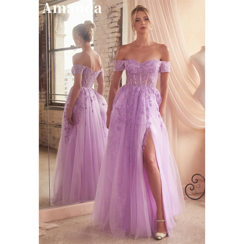 

Amanda 2024 Lavender Short Sleeve A-line Vestido De Novia Princess Lace Embroid Evening Dress Sweet Tulle Prom Dress 2024