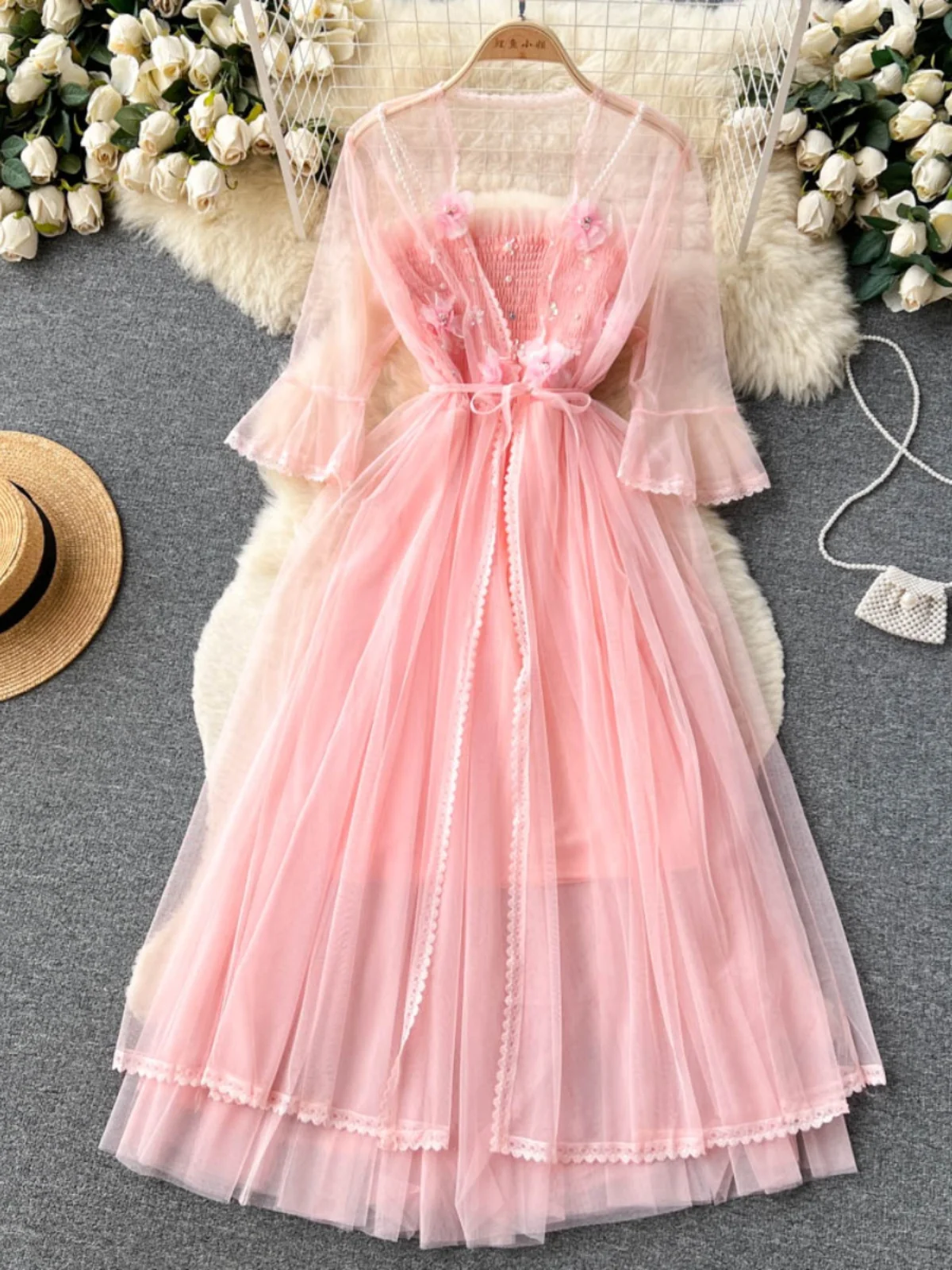 Women Fashiona Sexy Mesh Suspender A-line Pleat Chiffon Dress+sunscreen Cardigan Suits Party Vacation Midi Dresses Vestidos