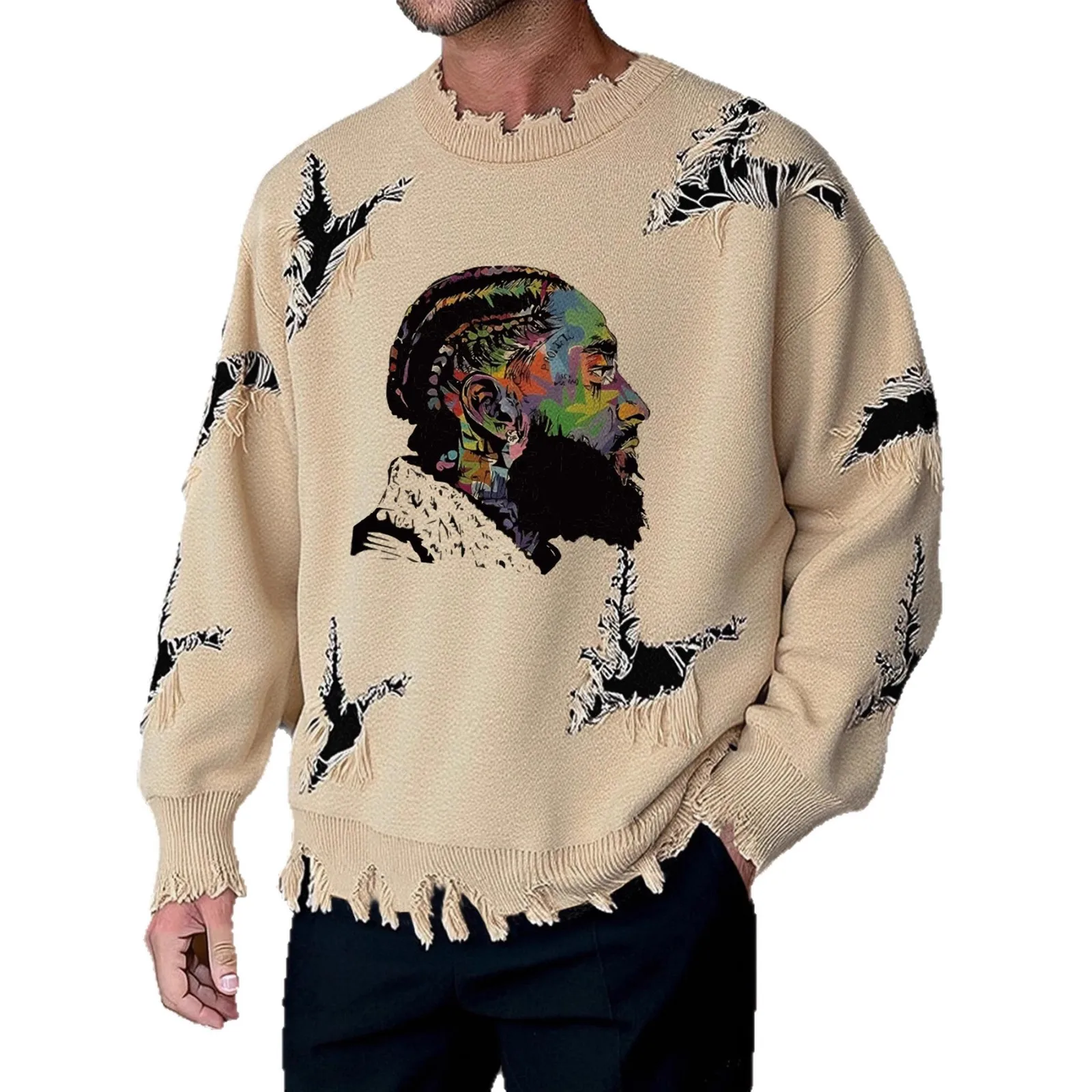 

Мужская мода High Street Destroyed хип-хоп свитер уличная одежда рваный джемпер с принтом трикотаж большие вязаные пуловеры Y2K