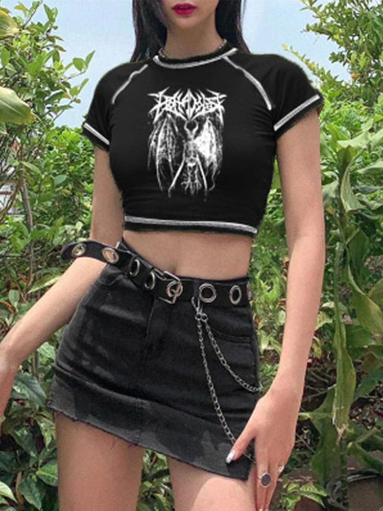 

Women's Harajuku Y2K Crop Top, Retro, Korean, Black, Demon, Punk, Gothic, Anime Print Clothes, Slim
