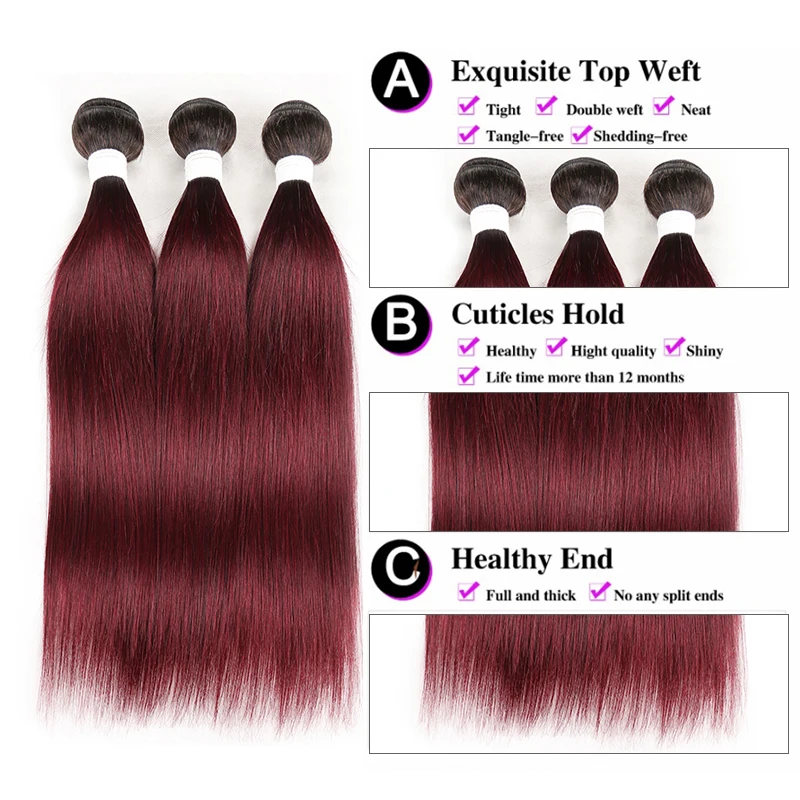 99J/Burgundy Bundel Rambut Manusia Lurus Brasil dengan Depan 13X4 SOKU Ombre Bundel Jalinan Rambut Merah dengan Penutupan Rambut Remy