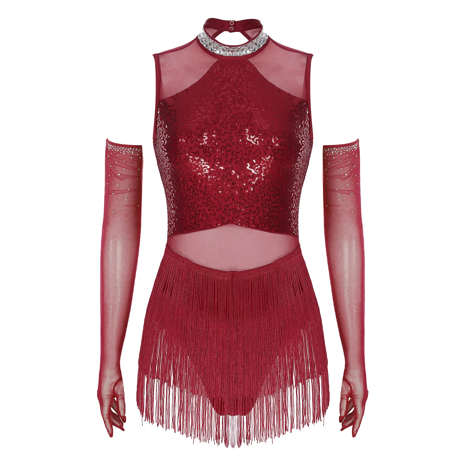

Women Tango Jazz Samba Rumba Dance Costume with Sheer Mesh Gloves Sequin Patchwork Leotards Tassel Dress Latin Salsa Dance Dress