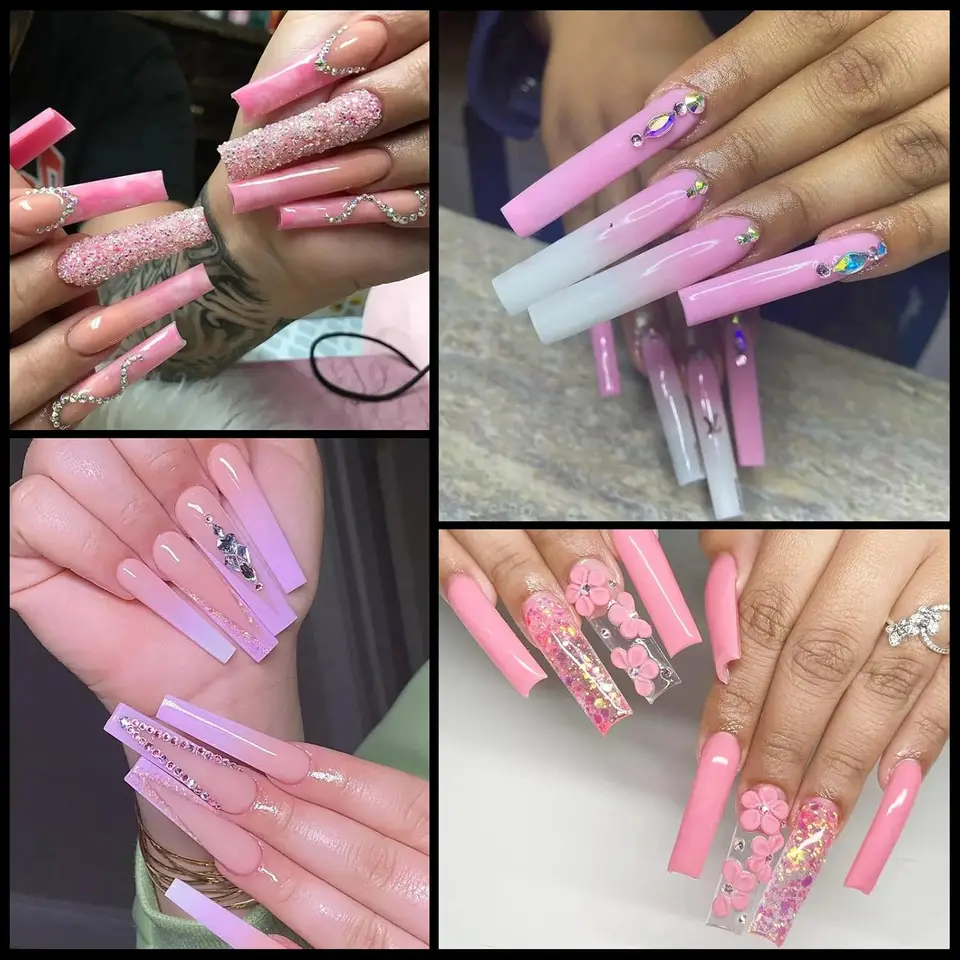 120 piezas de puntas de uñas largas transparentes en forma de ataúd para uñas acrílicas, para salones y DIY, incluye pegamento 2
