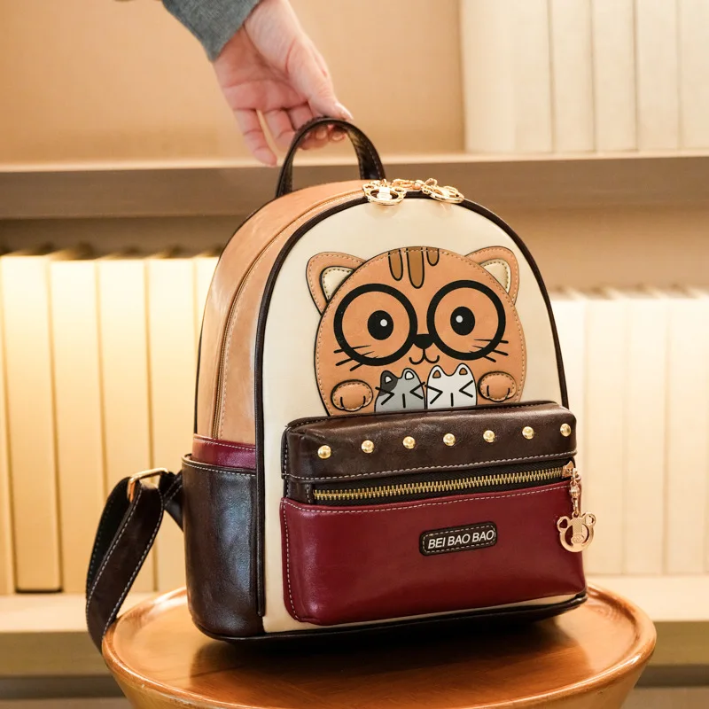 Cute Cat Print PU Leather Backpack Women Girls Small Schoolbag Color Block Rucksack with Front Pocket