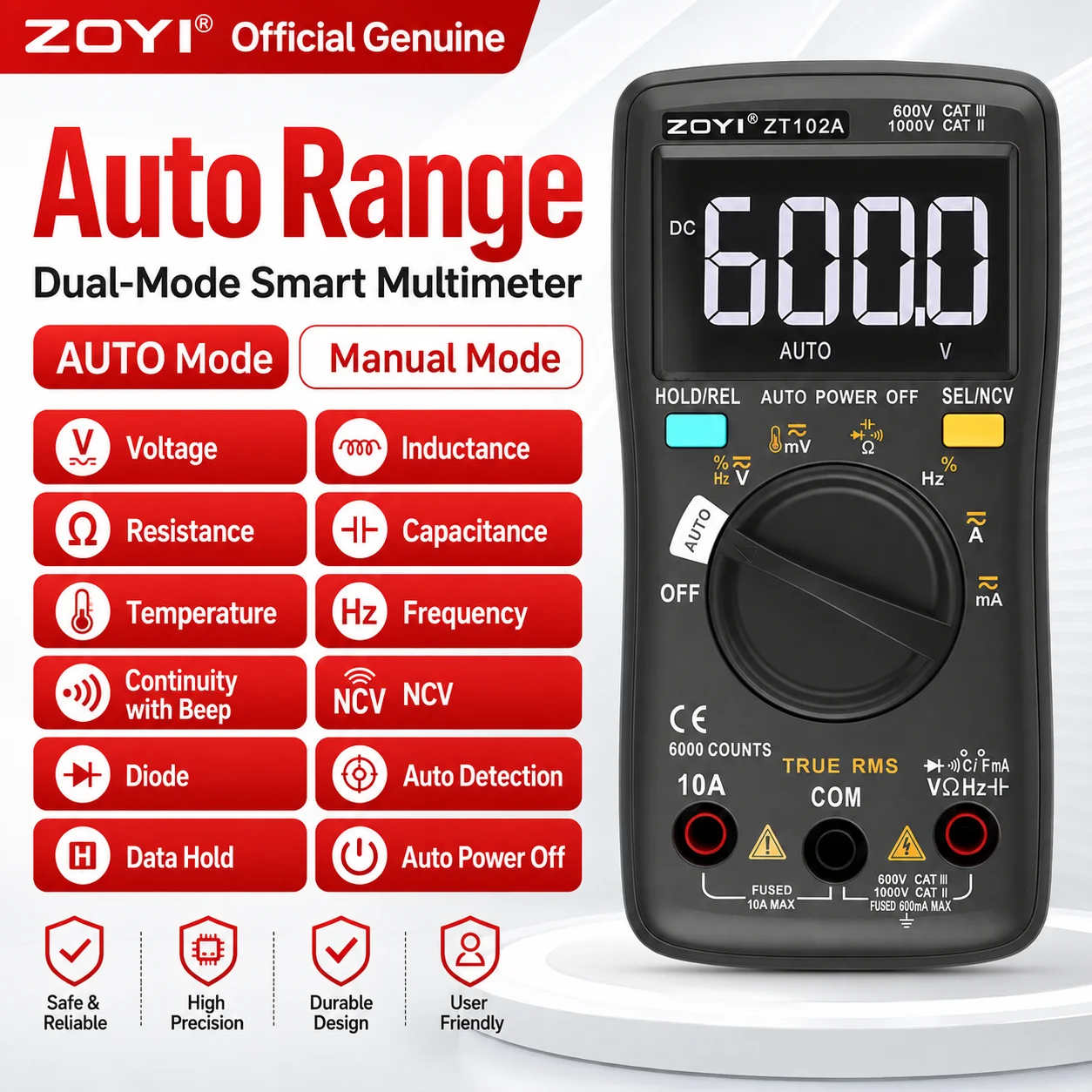ZOYI ZT-102A 6000 Counts Digital Multimeter Auto Range High Precision Anti-Burn for Electrician Home Repair
