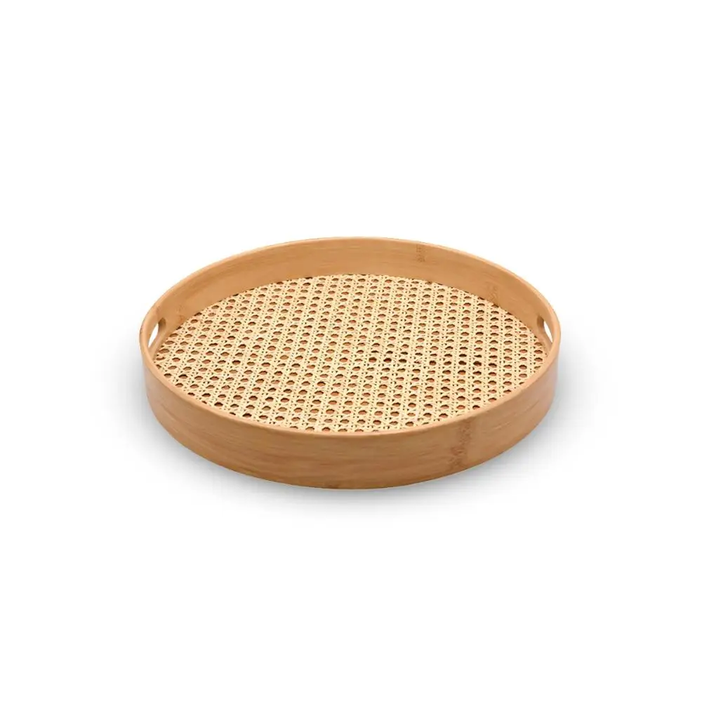 Round bamboo tray with straw texture-Oikos