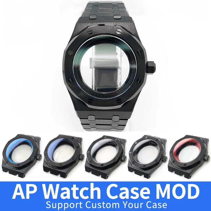 Custom AP Black Watch Case MOD NH35 NH36 4R36 Stainless Steel Shiny/Brushed Sapphire Glass Caseback Watches Cases Parts