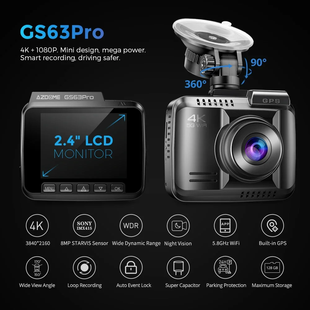 AZDOME GS63Pro 4K Dash Cam 2.4'' Screen 2CH 4K+1080P GPS 5G Wifi Super Capacitor Type-C Port Car Black Box Car Camera