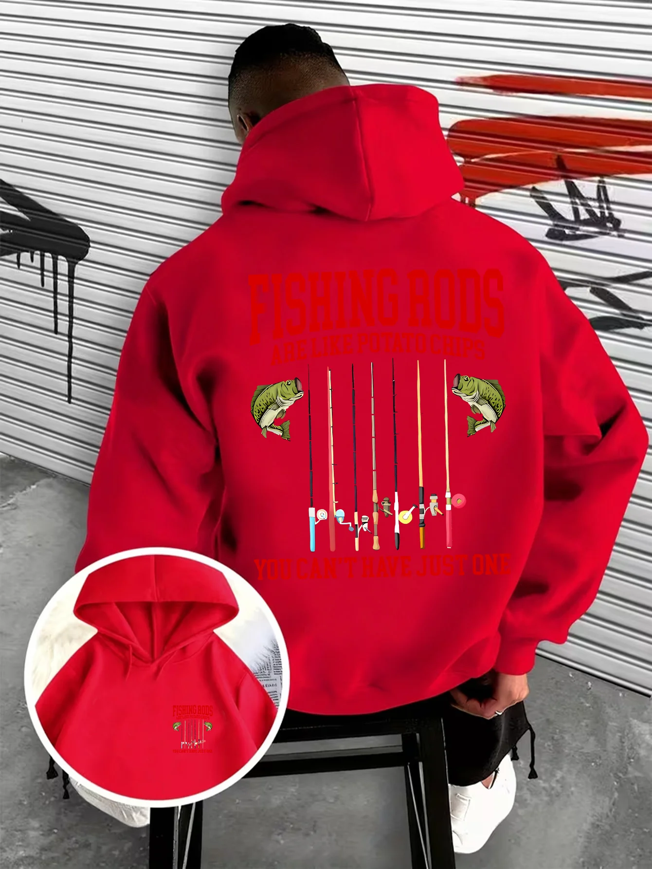 Humorvolles Zitat eines Fischers – Herren-Kapuzenpullover mit Aufdruck von Barschen und mehreren Angelruten, lässiger Outdoor-Streetwear-Hoodie – Detail 4