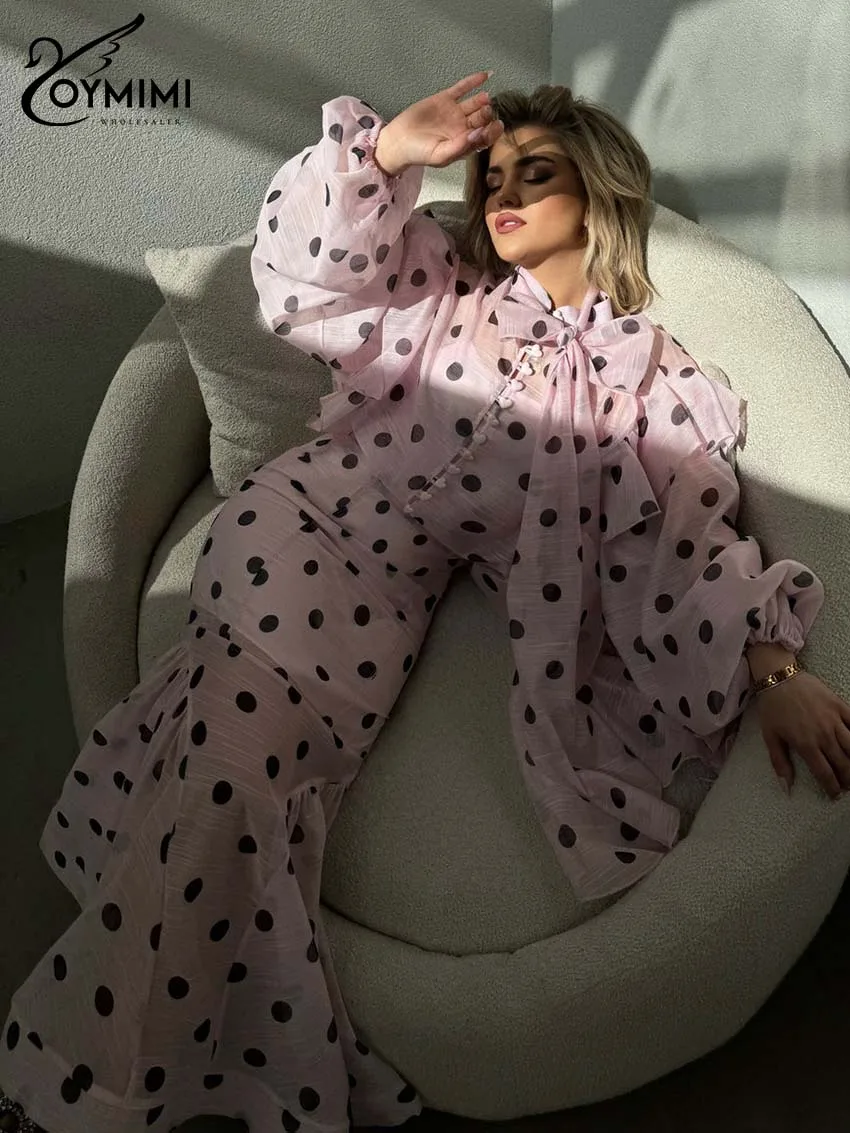 Oymimi Casual Pink Print 2 Pieces Set For Woman Fashion Lace-Up Puff Sleeve Button Shirts And High Waist Ruffled Skirts Sets