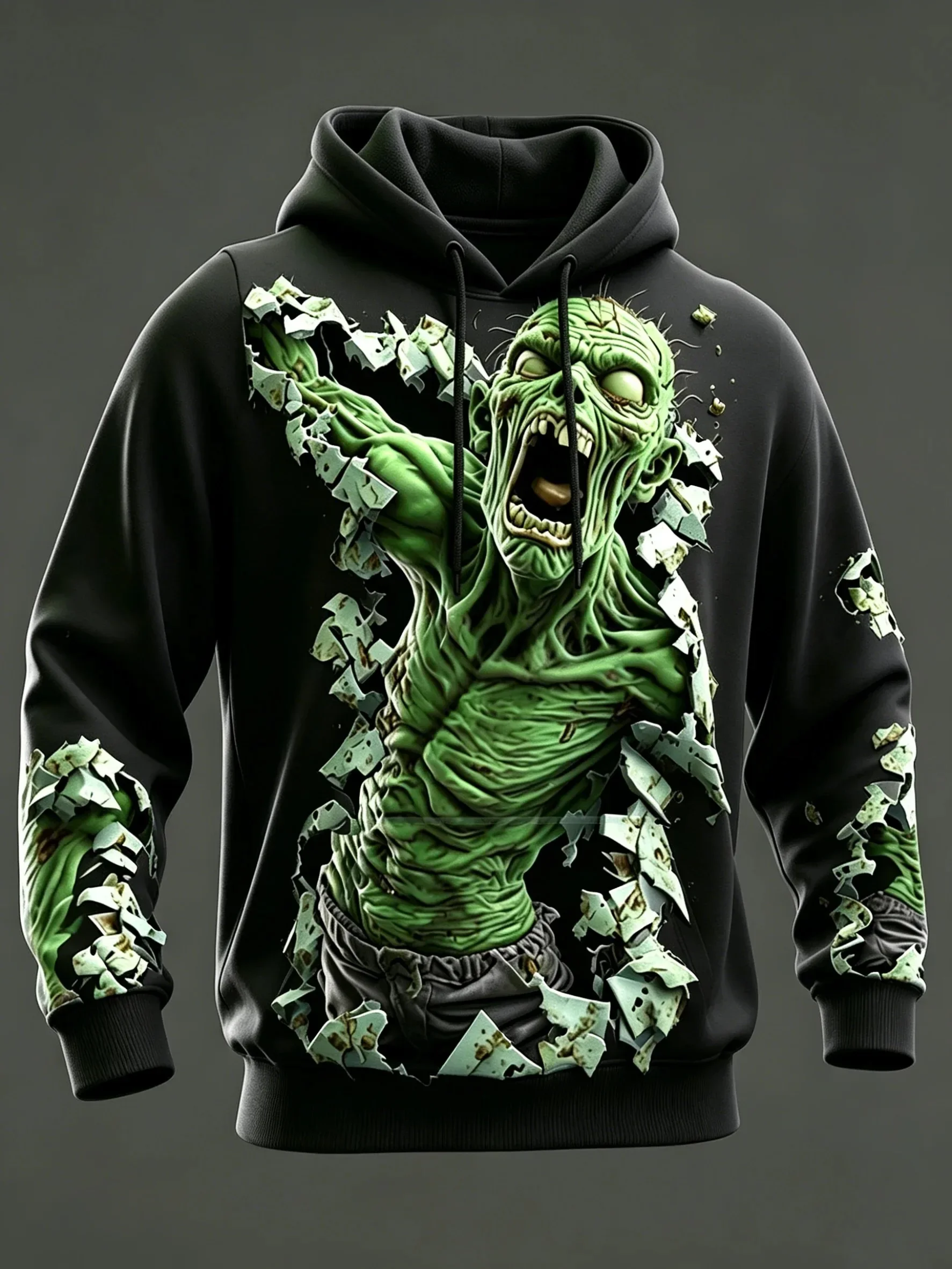 Men Unisex 3D Print Hoodie Break Through Wall Zombie 3D Pattern Pullover Long Sleeve Kangaroo Pocket Halloween Sweatshirt