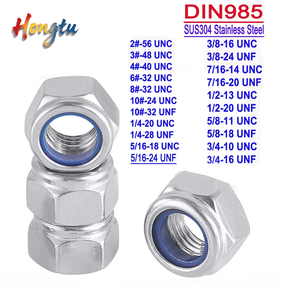 

Hongtu DIN985 Hex Self-Locking Locknuts | Nylon Insert Design | UNC/UNF Thread (2#-10#, 1/4''-3/4'') | SUS304 Stainless Steel