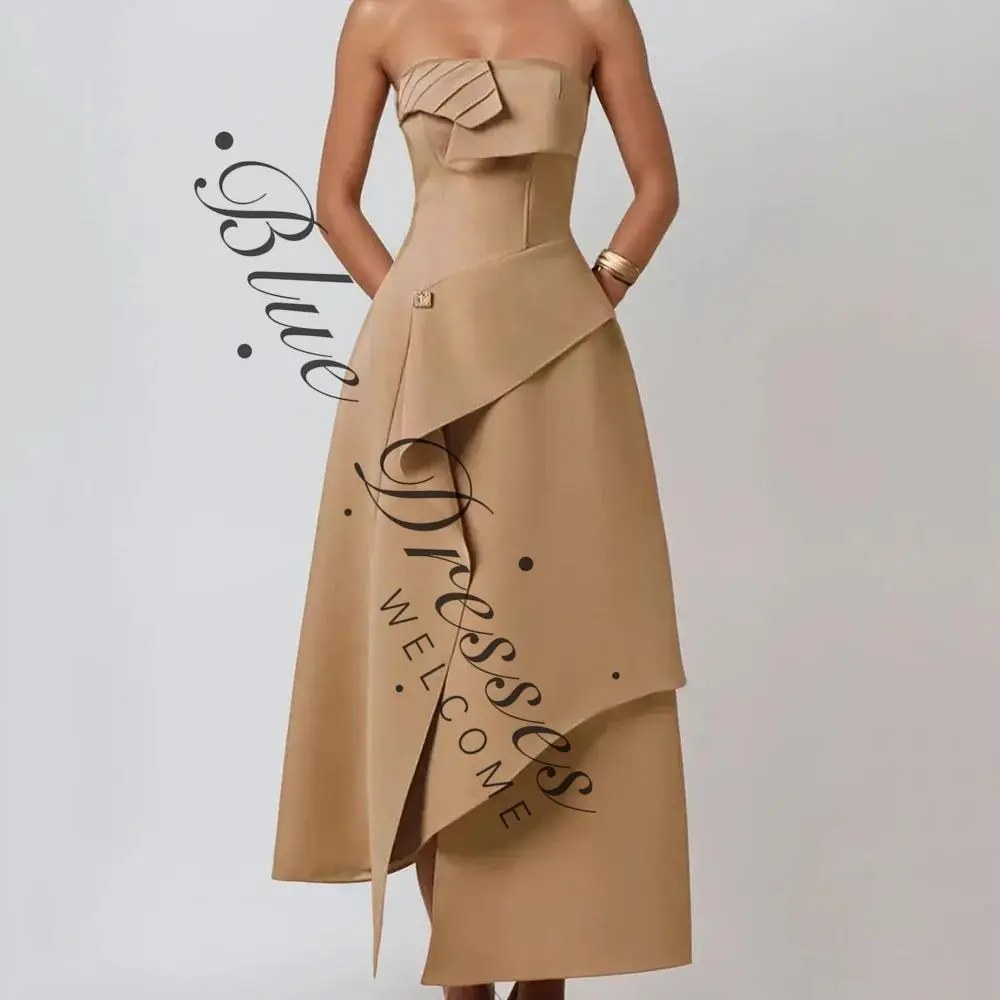 

customized A-line Evening Dresses Ankle-length Strapless Sleeveless Prom Gown Fashion Pleat Backless Simple Draped Party Gown