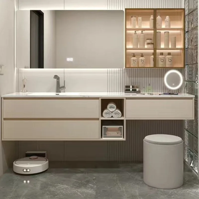 Light luxury rock slab seamless bathroom cabinet dresser integrated wash basin makeup table