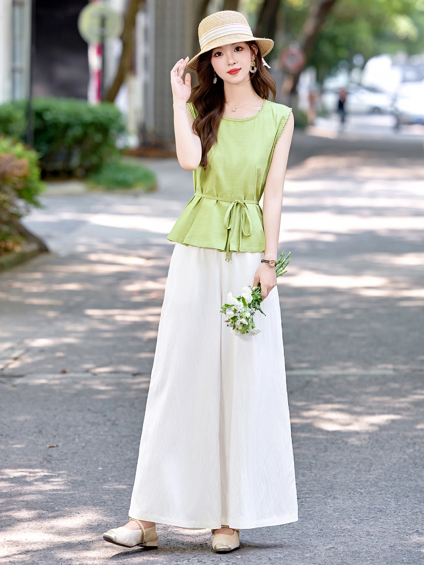 ファッショナブルなラウンドネックベストとハイウエストワイドレッグパンツのツーピースセット、韓国風シンプルサマー新作レディース