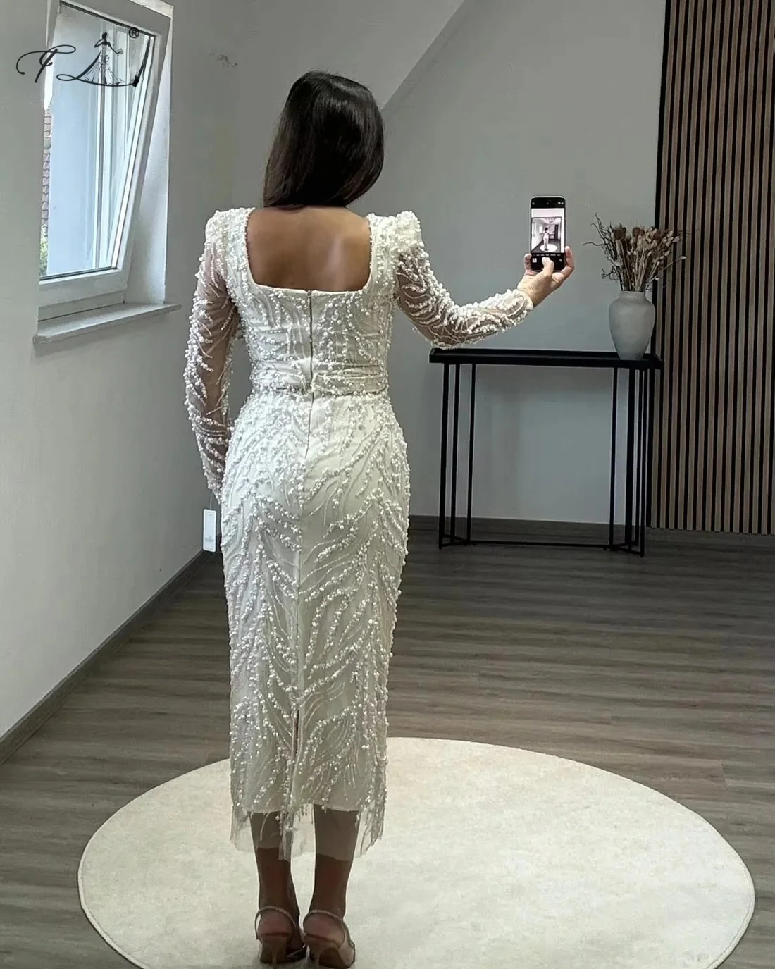 Simple White Tea-Length Cocktail Dresses Mermaid Square Neckline Prom Dresses Long Sleeves Gowns Customized Robes De Cocktail
