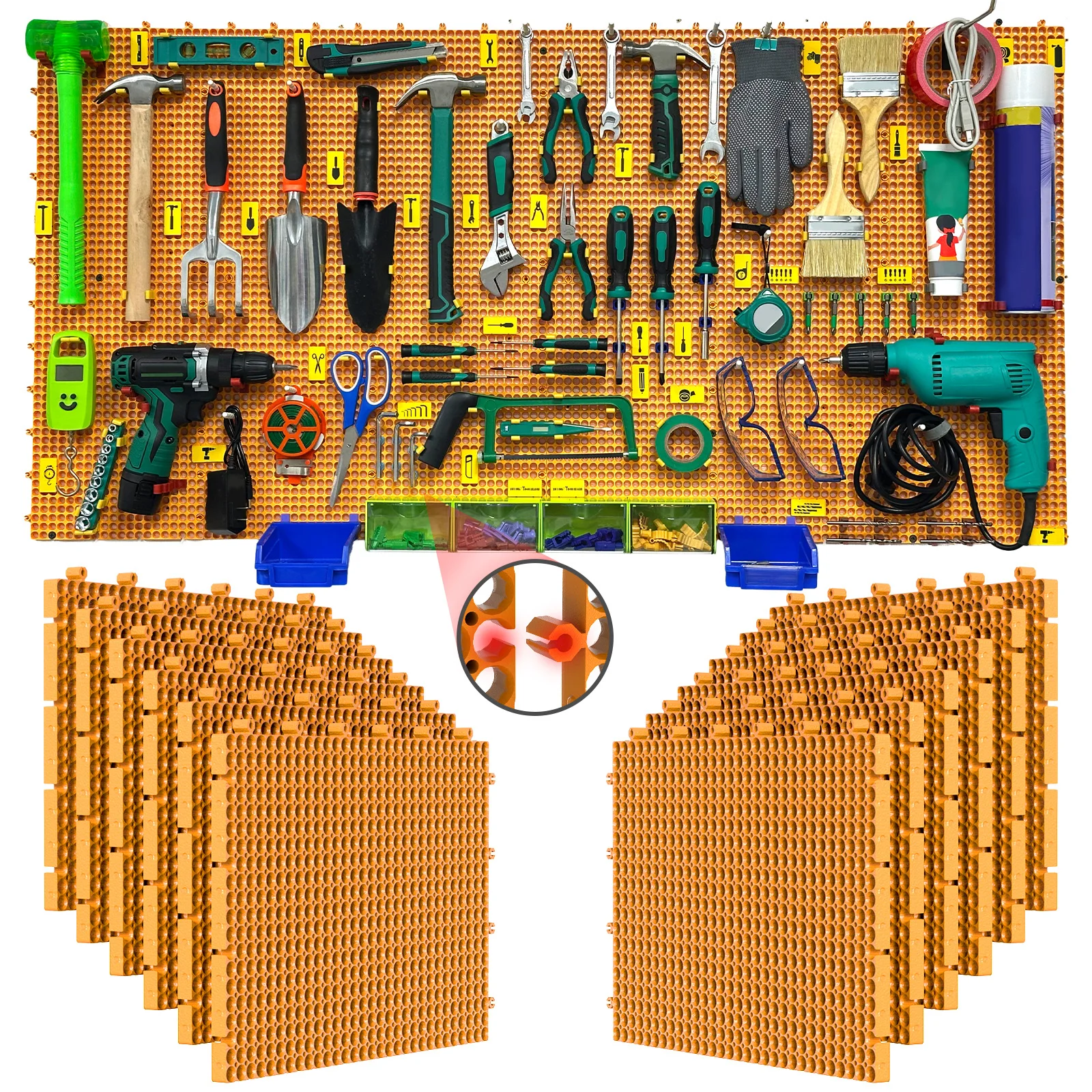 Plastic Pegboard Wall Organizer Kit, 12yellow Panels 61 x 122cm, 428Accessories with Hooks, Clips & Holders, Modular Tool Storag