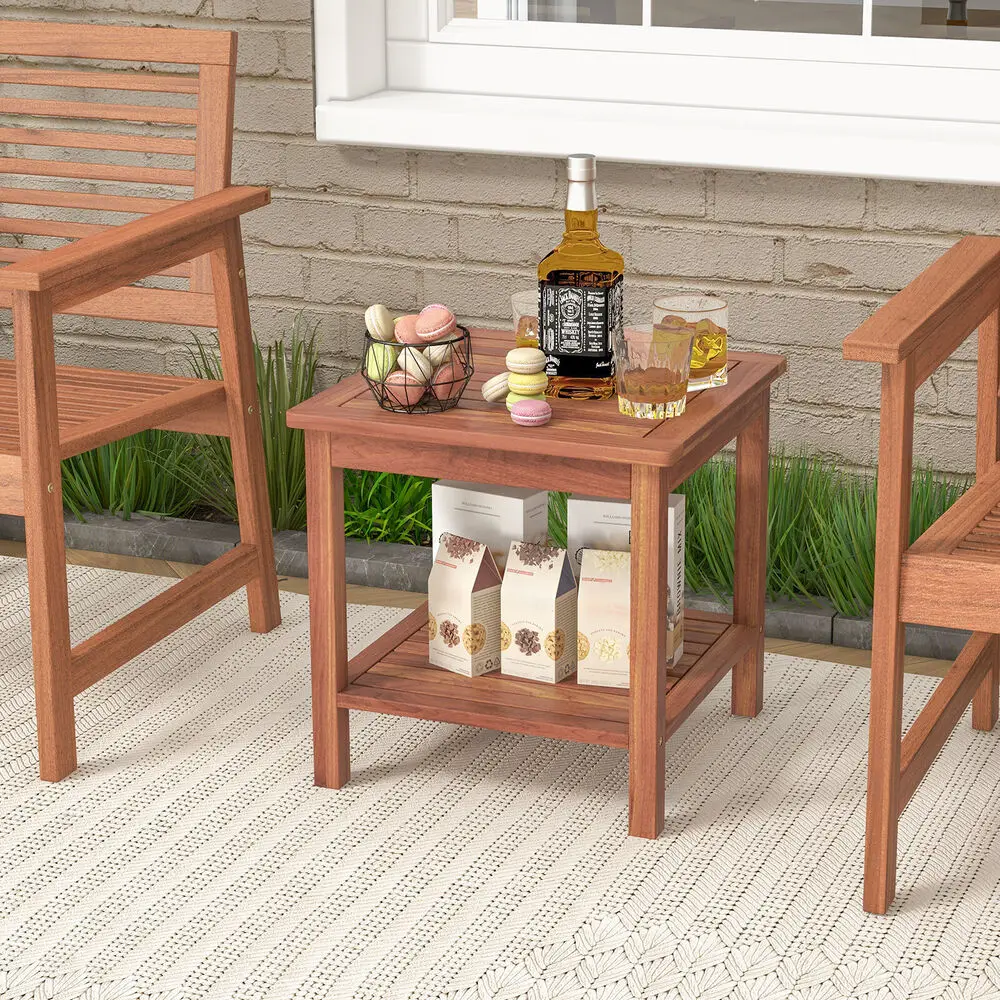 

Patio Acacia Wood Side Table 2-Tier Square End Porch Poolside Natural