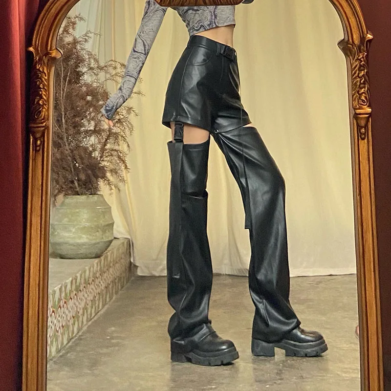 2024 Spring Autumn New Bag Buckle Leather Black Hollow Leather Pants Women\'s Design High Waist Loose Straight Tube Trendy Pants