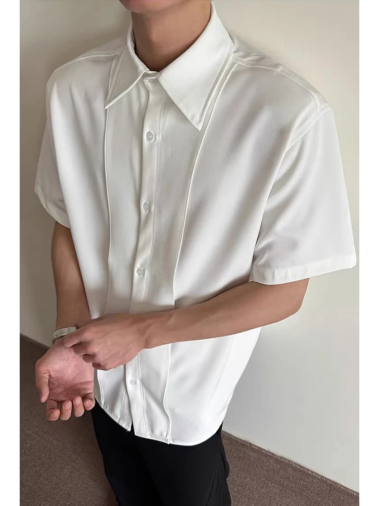 

White Ice Silk ort Sve irt Men's Summer Cleanfit Drapey Collar Slim Fit Lightweight Outerwear Casual Loose Sle