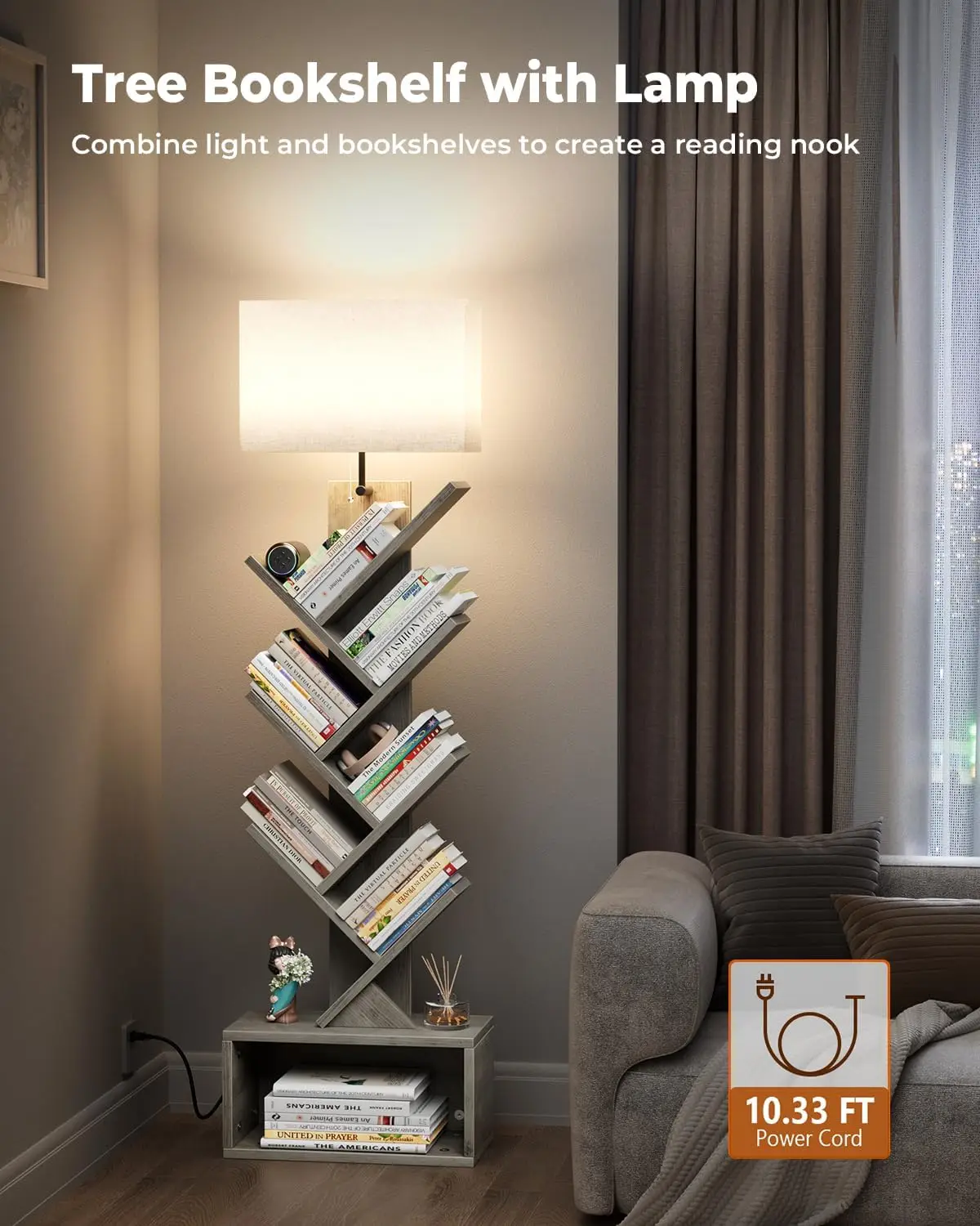 6 Tier Tree Bookshelf with Light, Small Bookcase Tower for Books/CDs/Movies,Sturdy Tall Floor Standing with Storage Cabinet,Gray