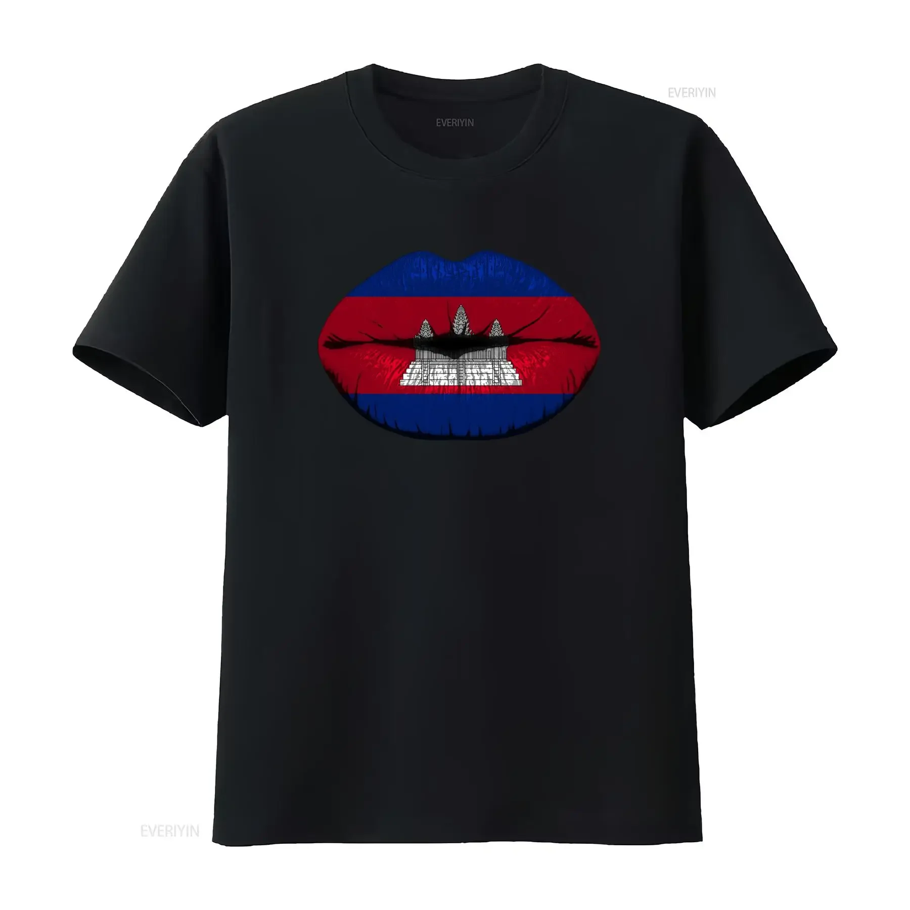 Cambodian Flag Lips Design Feminine T Shirt for Women Expat Country Style vintage Washed Stretched Top For Everyday Wear
