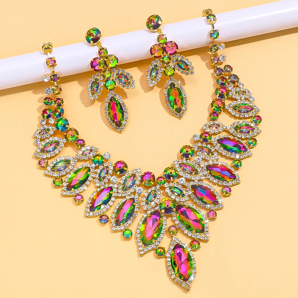 Stonefans Exaggerated Leaf Necklace Earrings Sets Bridal Women Colorful Rhinestone African Jewelry Set Nigerian Wedding Costume