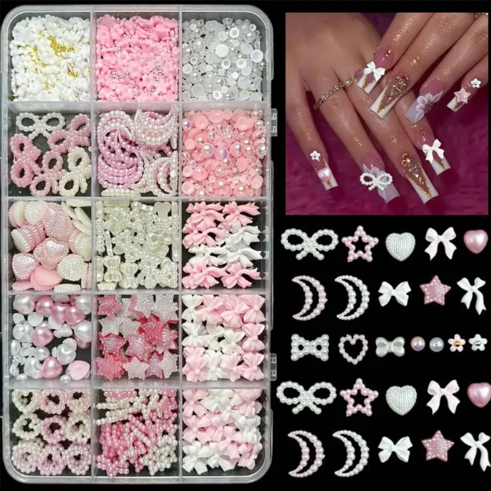 15 grille/boîte 3D acrylique blanc et rose mélange Styles coeur étoile arc ongles breloques mixte Flatback perles strass pour bricolage Nail Art Decorat