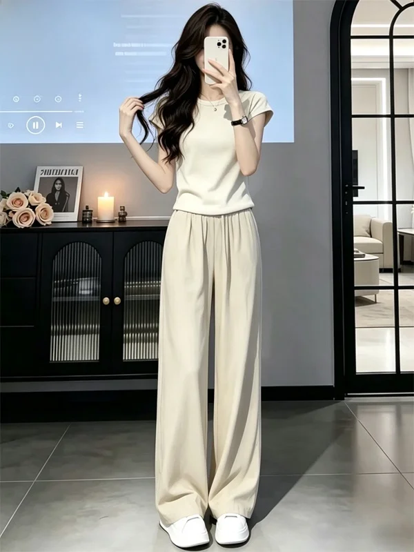 

Korean Style Casual Sportswear Set Women's Summer Fashion Anti-Aging Slim Fit Short Sleeve T-Shirt Wide Leg Pants Two Piece Set