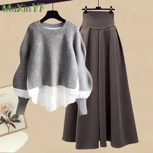 2025 ربيع / خريف جديد كوري أنيق وهمية لصق قطعتين محبوك سترة اللباس مجموعة مطابقة أنثى أنيقة كنزة صوفية مجموعة تنورة أفضل 6 مبيعات تنورة 80s - رقم 6