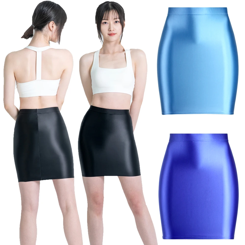 

Women's Sexy Shiny Oil One Step Silk Hip Wrap Business Short Skirts Stretch Glossy Pencil Satin Bodycon Smooth Midi Mini Skirts