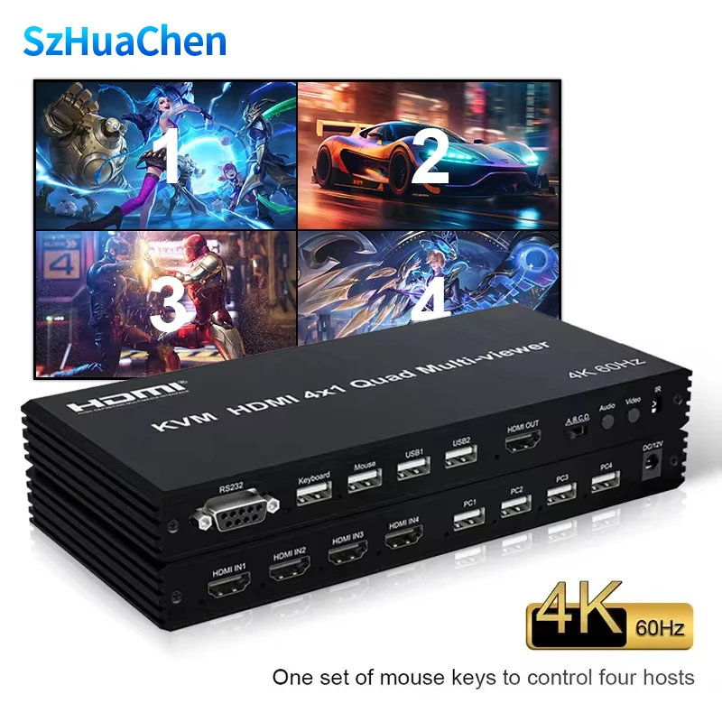 

4K HDMI KVM Switch 4x1 Quad Multi Viewer 4 in 1 Out KVM HDMI Processor Screen Multiviewer Seamless for 4 PC Share Mouse Keyboard