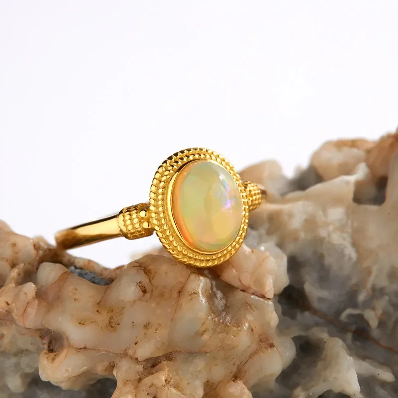 Cross-border European and American S925 silver ring women's inlaid natural opal colored gemstone egg surface open ring ins