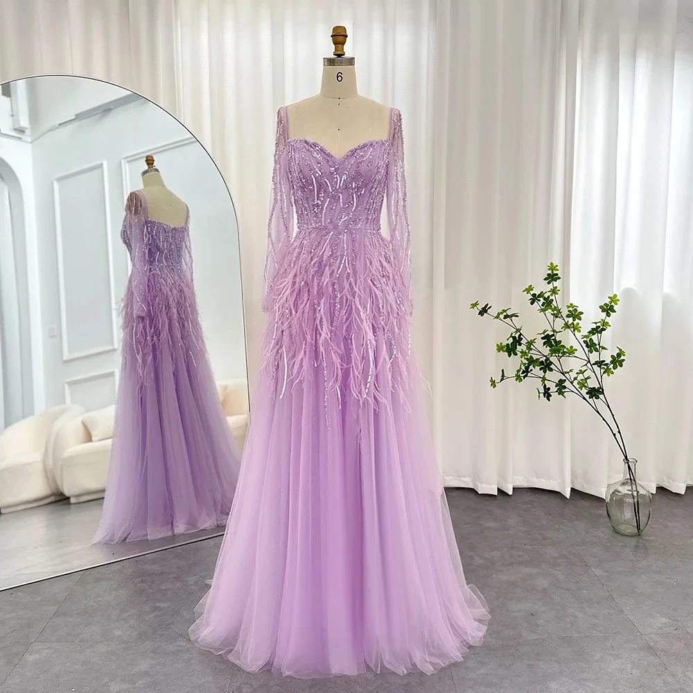 

Jancember Luxury Dubai Feathers Lilac Evening Dresses For Women Wedding Elegant Emerald Green Arabic Formal Party Gowns Sz351