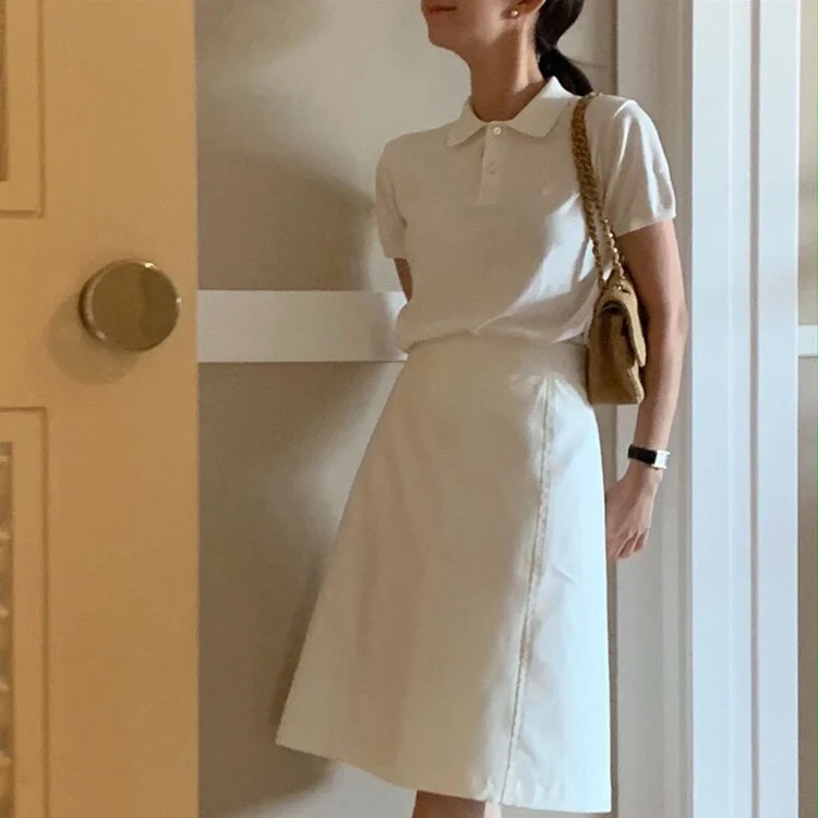 White Pure Cotton  Collar Short Sleeve Women's T-shirt Letter Embroidery Standard Fit Business Casual mid Waist Skirt