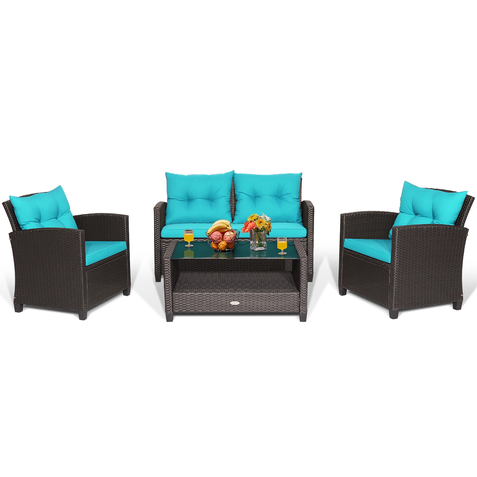 4 PCS Patio Rattan Furniture Set Glass Table Shelf Sofa Cushion Turquoise