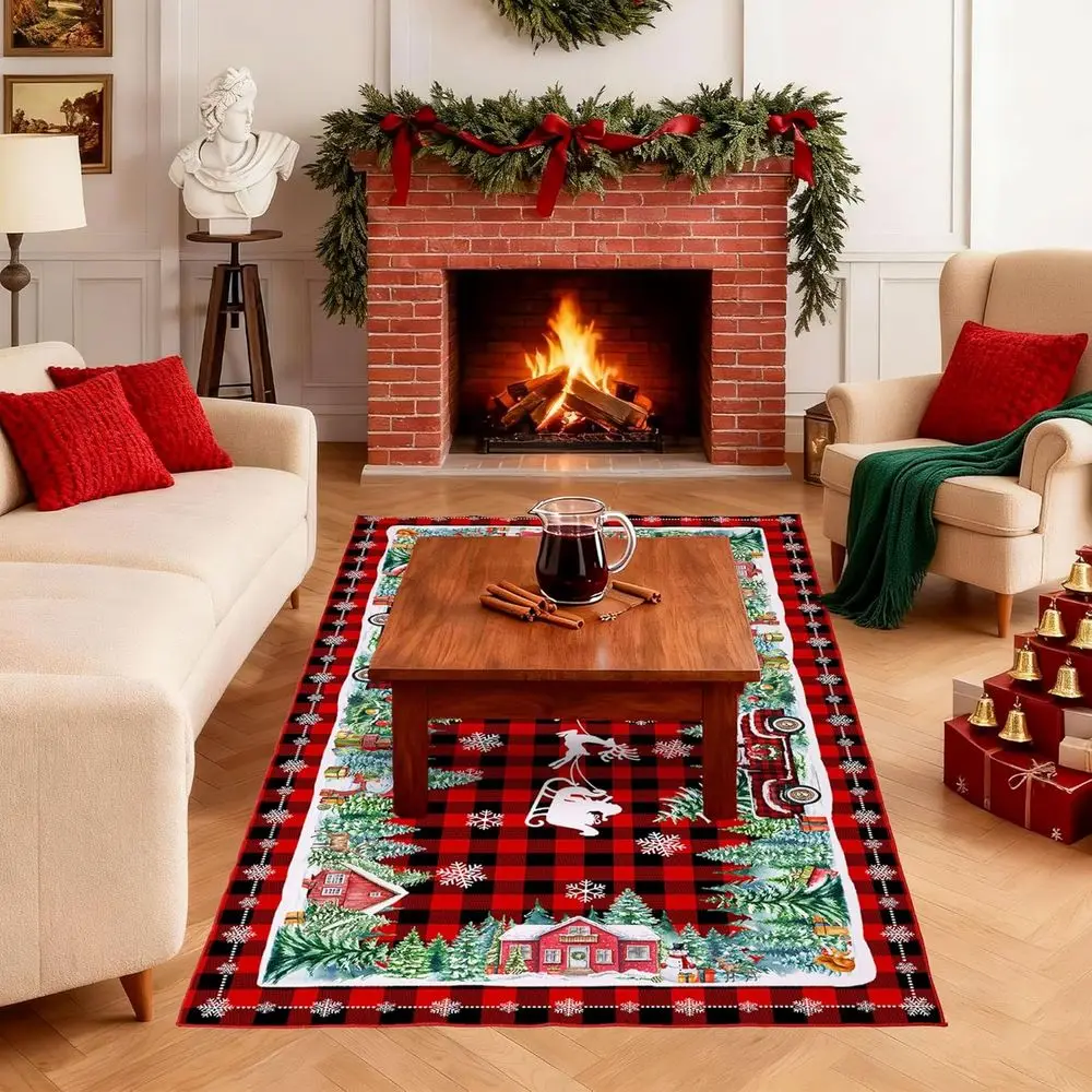 Karpet Natal Kotak-kotak Merah 3x5 - Dapat Dicuci, Anti-Selip, Bulu Pendek untuk Dekorasi Rumah di Hari Raya