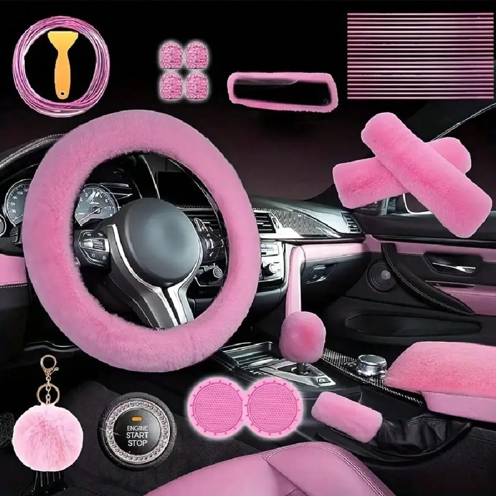 37 Piece Luxury Car Parts Set - Premium Polyester Interior Kit With Goddess Plush Pendant, Universal Steering Wheel Cover, Handbrake Gear Cover, Coasters, Decorative Lines, Etc. - Enhancing Your Vehicle Style And Comforthicles Style And Comfort