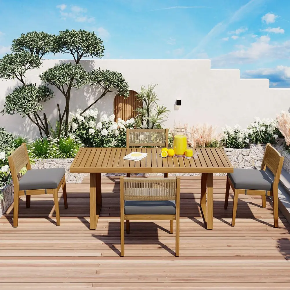

MultiPerson Outdoor Acacia Wood Dining Table and Chair Set, Thick Cushions, Suitable for Balcony, Vourtyard, and Garden.