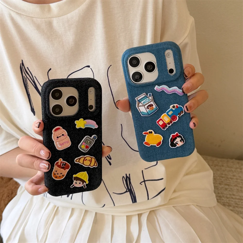 Kawaii Denim Fabric Cartoon Embroidery Patch Phone Case Cute Cover for iPhone 18 17 16 15 Pro Max Fundas Korea Cartoon Cases