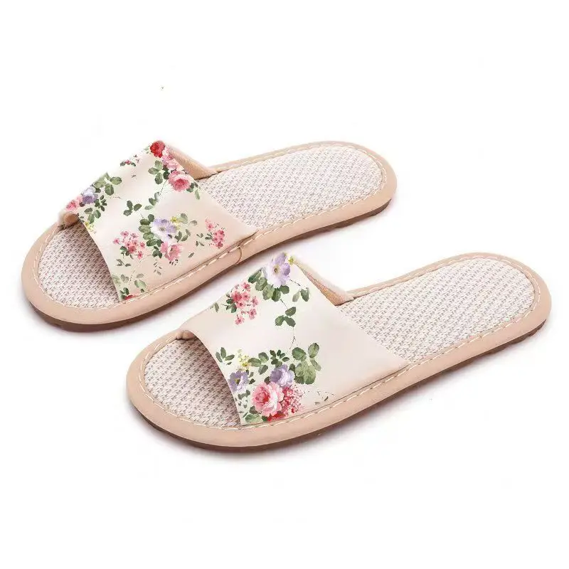 المرأة العرقية نمط شقة وحيد الكتان النعال الصيف المفتوحة تو عدم الانزلاق خفيفة الوزن عالية الجودة الحرير طباعة المنزل النعال الصامتة #2