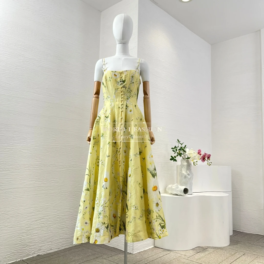

Womens Dresses Yellow Floral Print Sleeveless Beading Bow Midi Dress