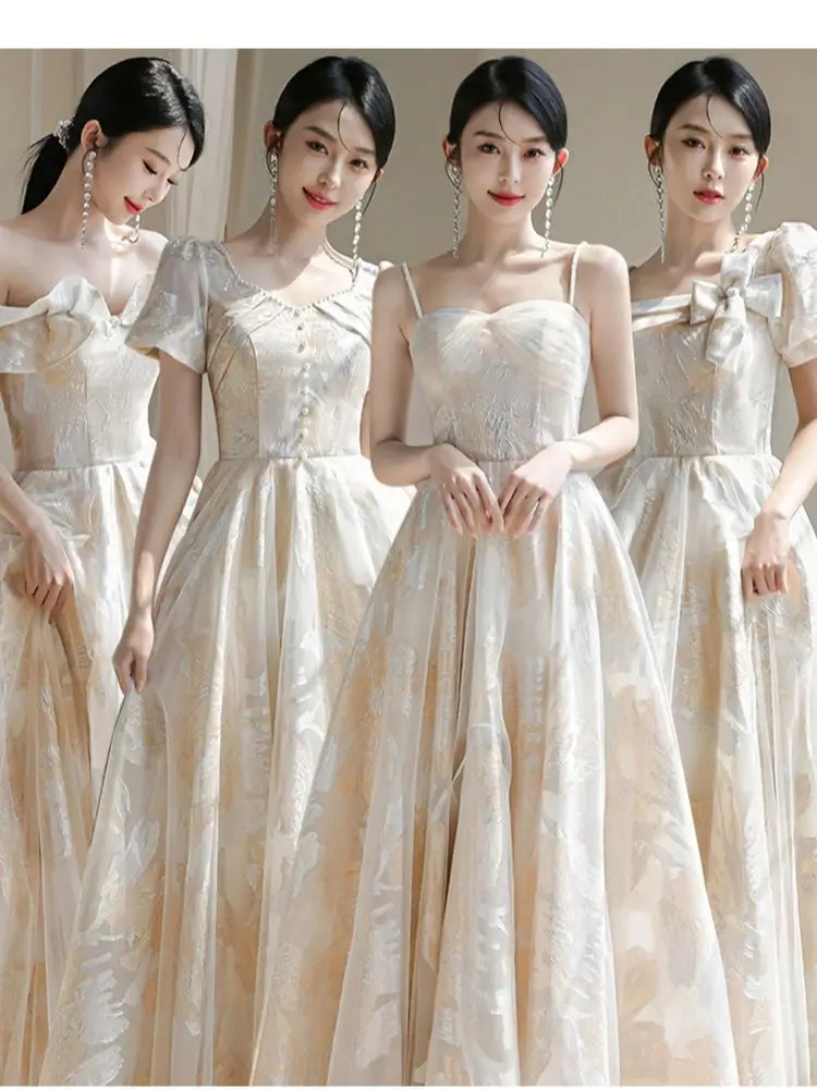 

4 Styles Champagne Bridesmaid Dresses Elegant French Style Evening Dress Sister Group Organza Long Formal Party Gowns