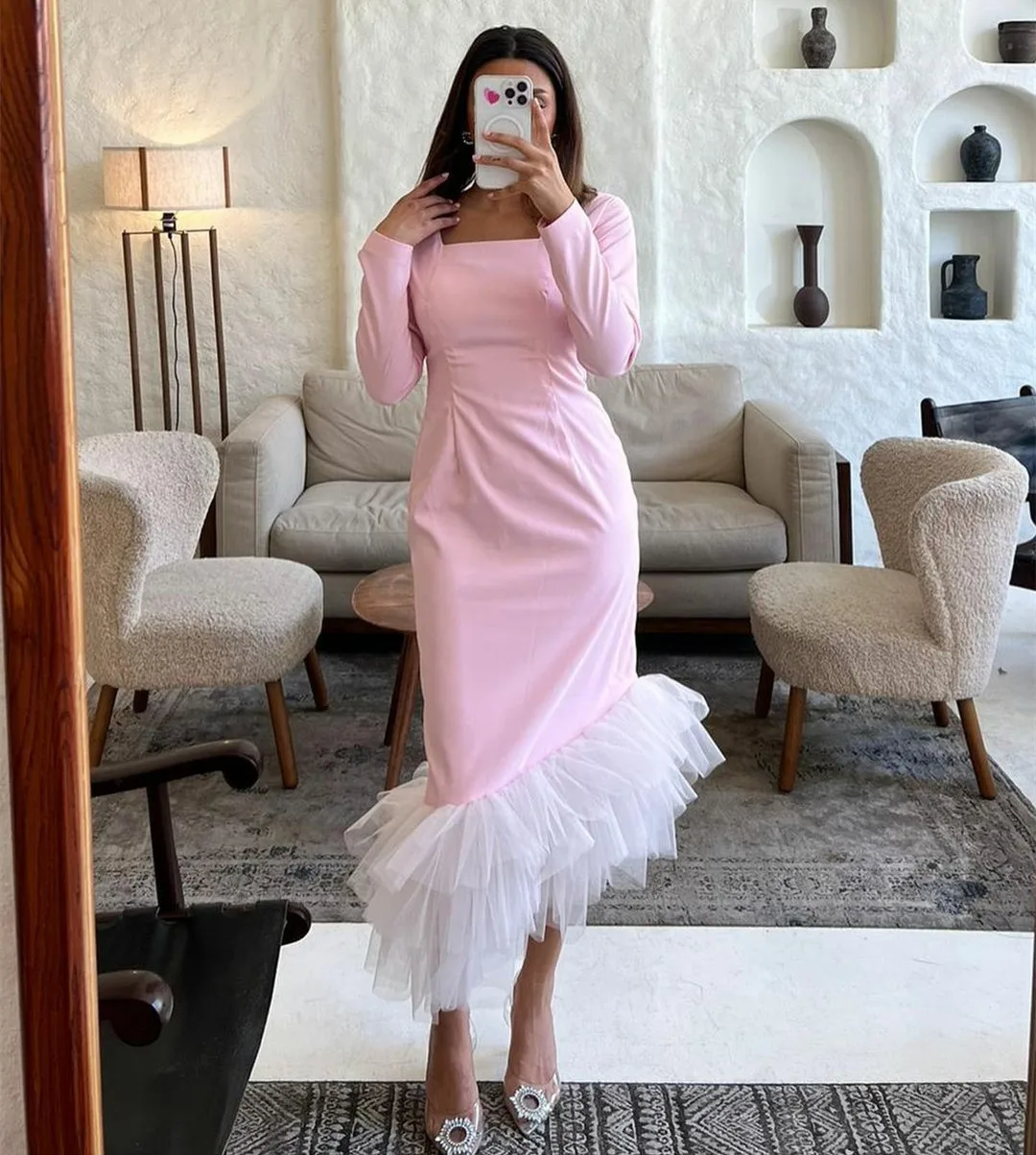 

BridalAffair Vintage Short Crepe Pink Sqaure Collar Evening Desses Mermaid Ruffled Muslim Tea Length Prom Dresses for Women