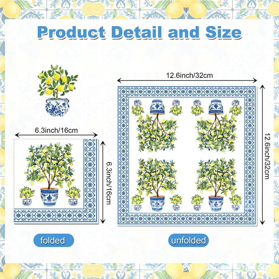 20Pcs Chinoiserie Lemon Tree Disposable Paper Napkins Mediterranean Tile Pattern Decorative Napkin For Party Table Wedding Decor