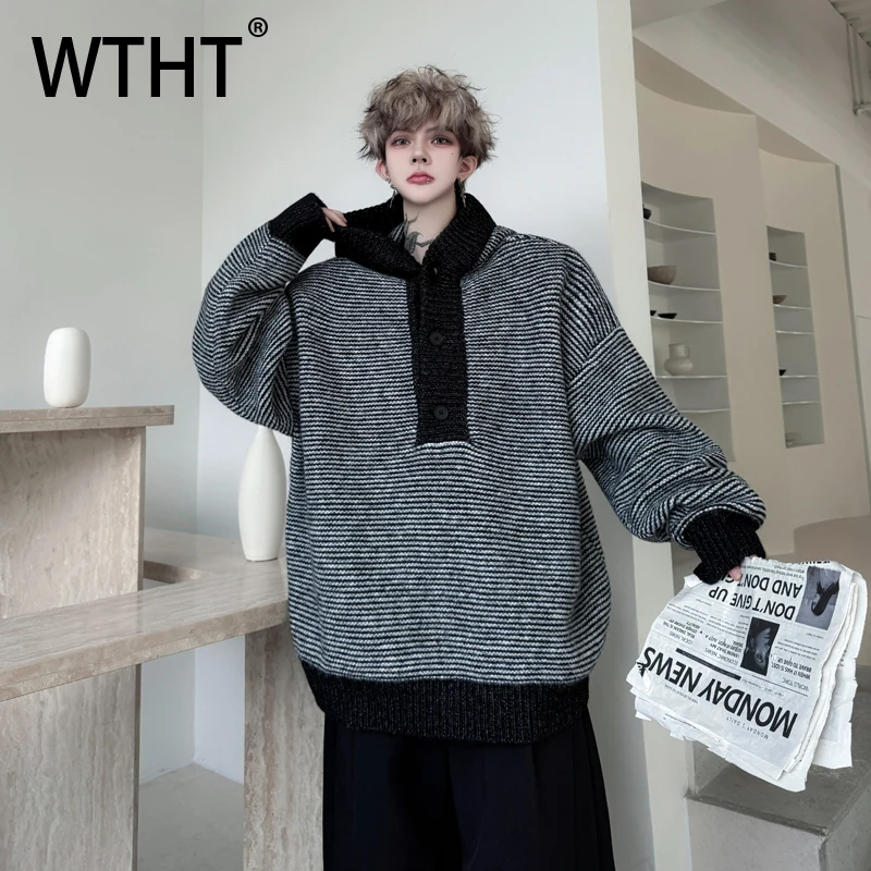 

WTHT Trendy 2025 Autumn Men's Striped Contrast Color Casual Hoodie Fashion 2025 Autumn High Street Loose Pullover Male 2A2080