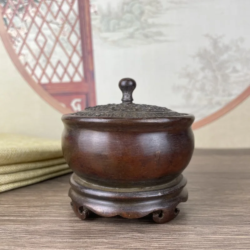 Antique Alloy Xuande Mesh Furnace with Base Plain Surface round Foot Incense Burner Study Incense Coil Burner