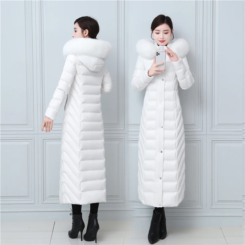 -30 Degree X-Long Women Down Coat Solid Warm Female Puffer Jacket Genuine Fox Fur Collar Thick Outwear White Duck Down